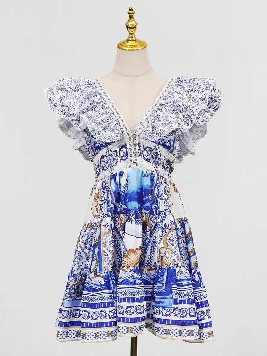 Printed Plunge Neck Mini Dress Avalabel