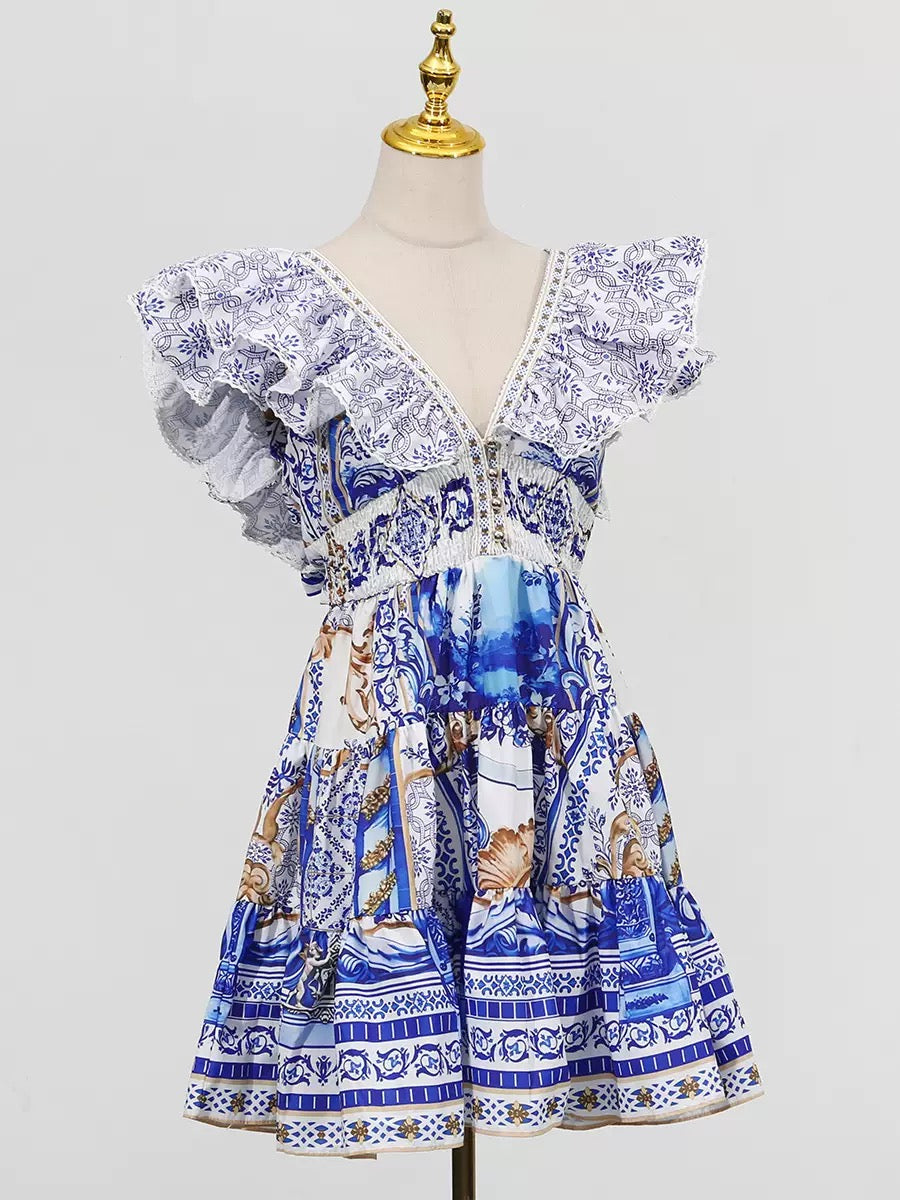 Printed Plunge Neck Mini Dress Avalabel