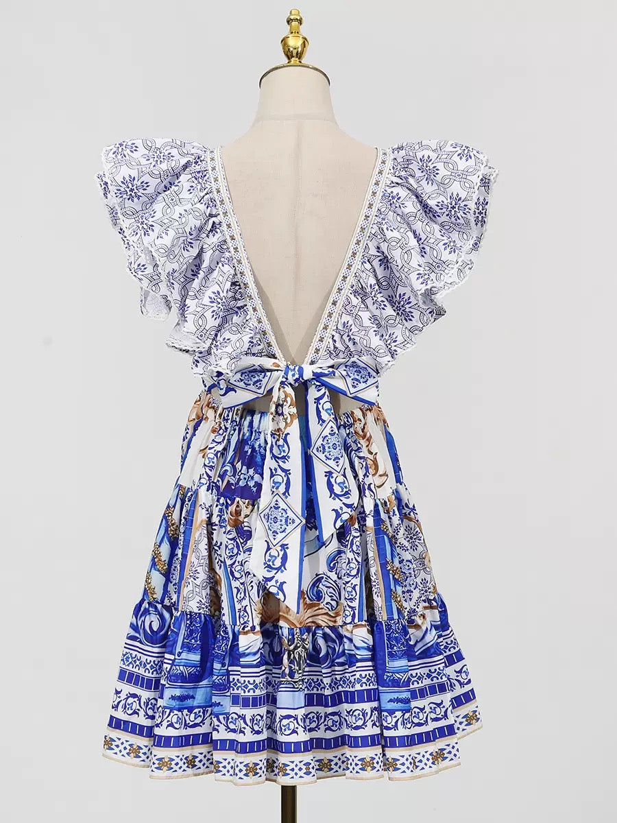 Printed Plunge Neck Mini Dress Avalabel