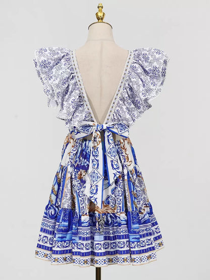 Printed Plunge Neck Mini Dress