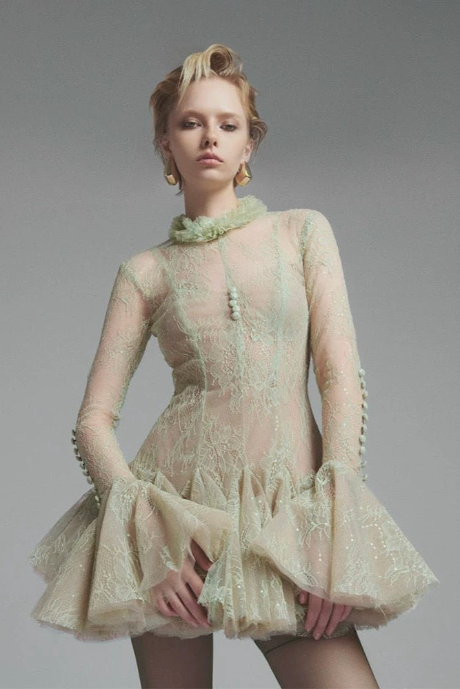 Green Embroidered Flared Mini Dress Avalabel