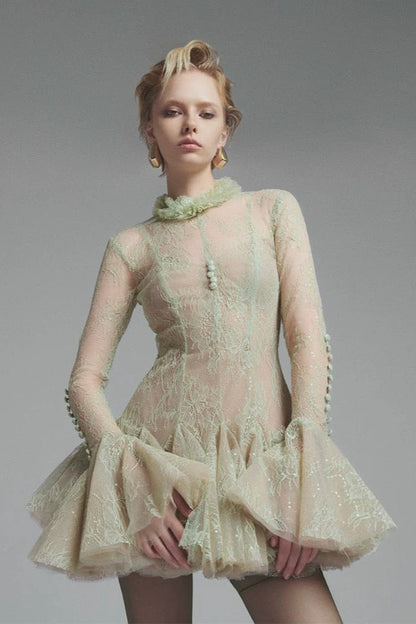 Green Embroidered Flared Mini Dress Avalabel