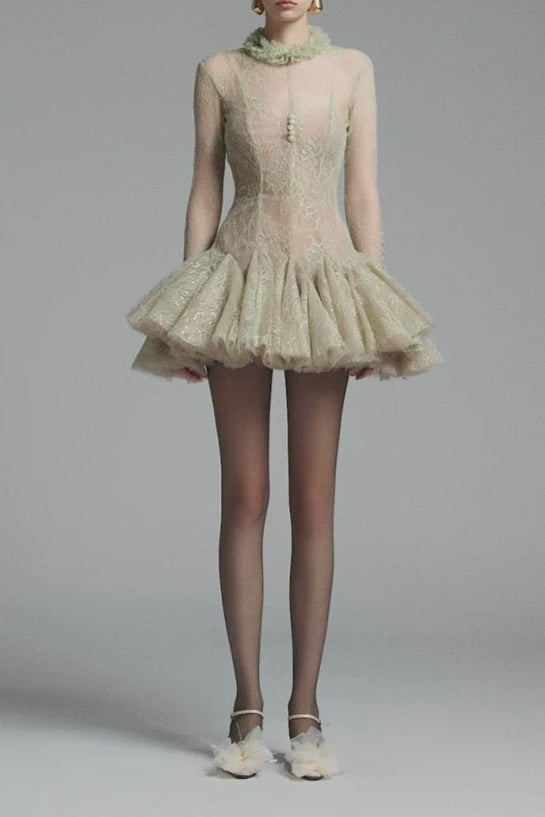 Green Embroidered Flared Mini Dress Avalabel