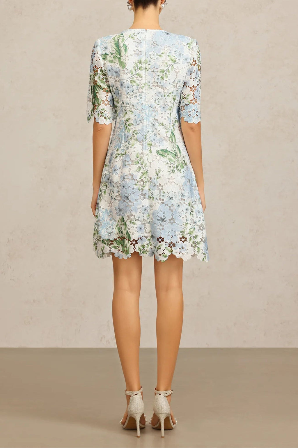 Hazel Floral Printed Lace Mini Dress in Sky Blue Avalabel