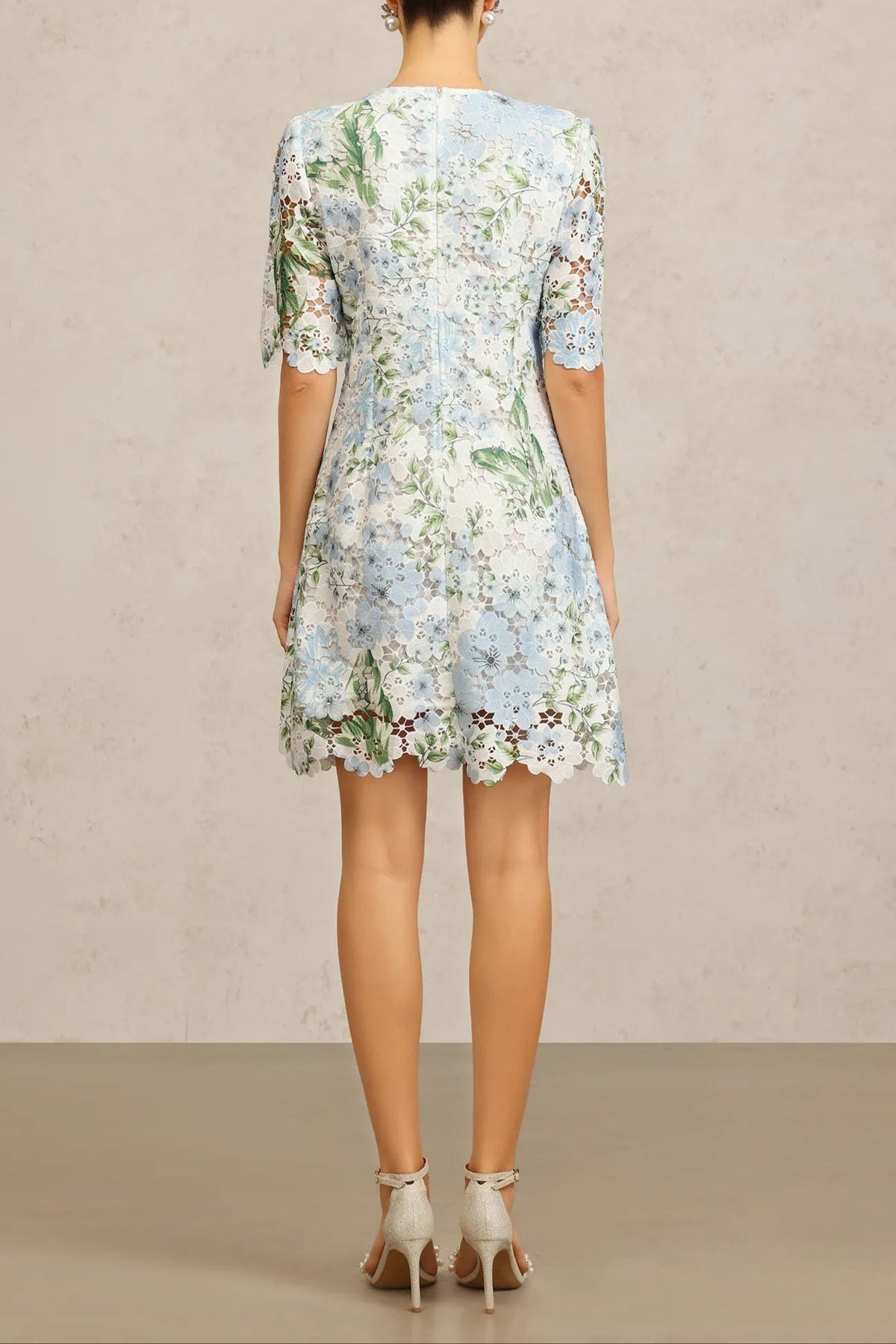 Hazel Floral Printed Lace Mini Dress in Sky Blue Avalabel