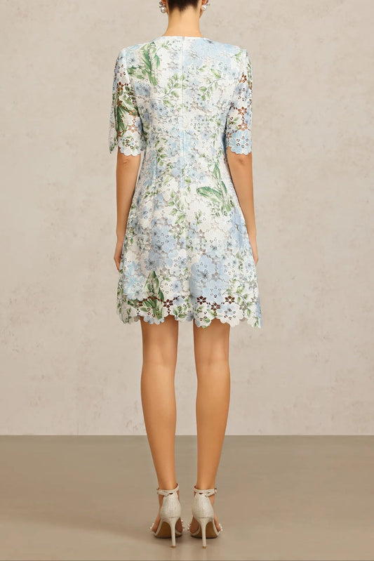 Hazel Floral Printed Lace Mini Dress in Sky Blue