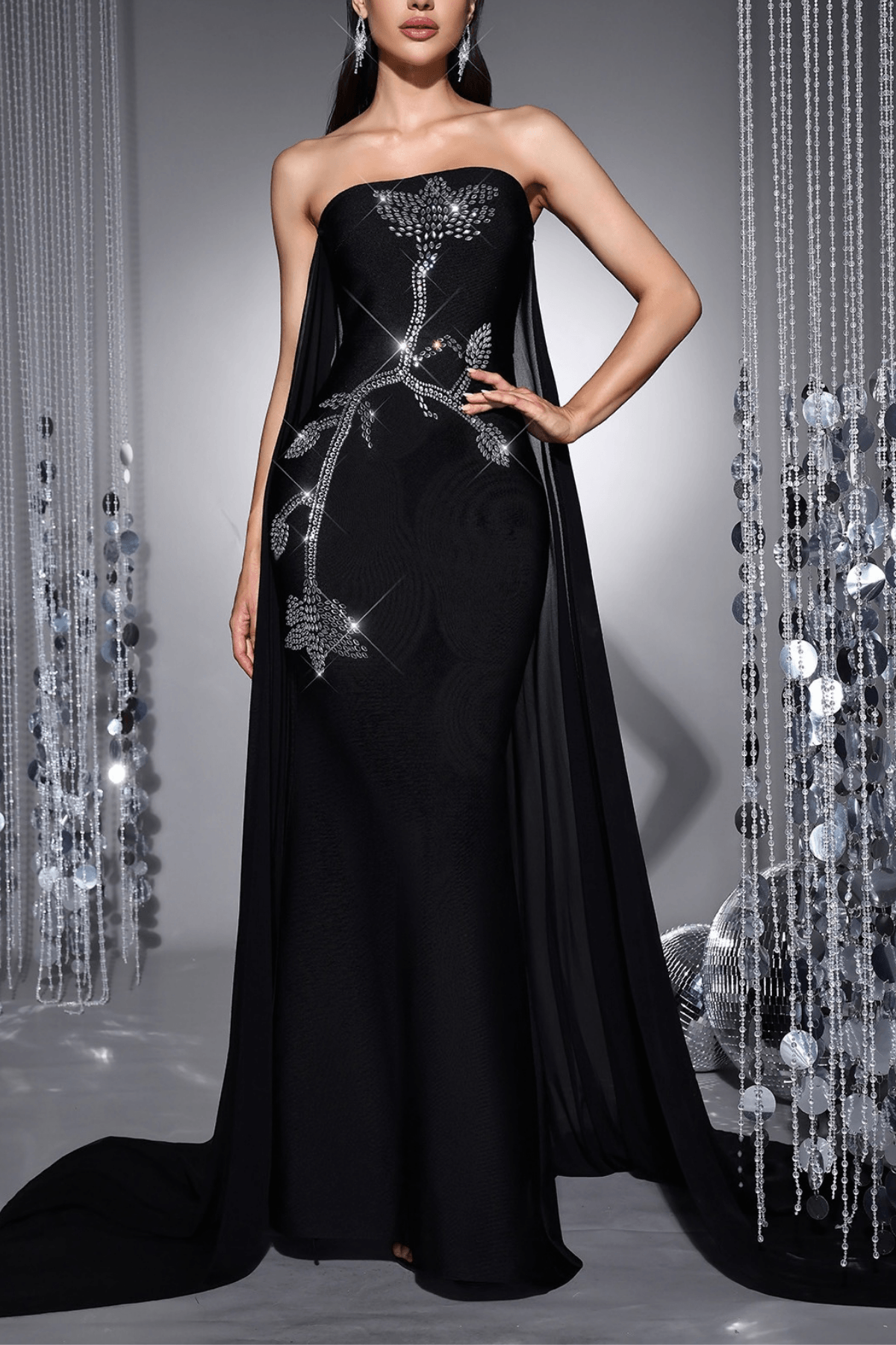 Junie Black Strapless Rhinestone Mermaid Dress Avalabel