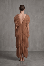 Elle Caramel Sheer Smocked Tiered Maxi Dress Avalabel