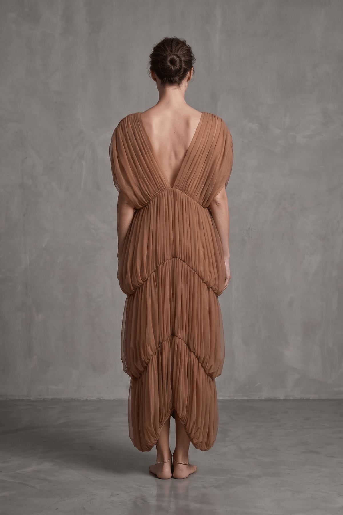 Elle Caramel Sheer Smocked Tiered Maxi Dress Avalabel