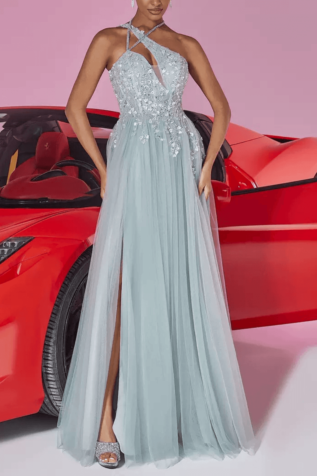 Lilian Light Blue Sequin Halter Neck Slit Prom Maxi Dress Avalabel