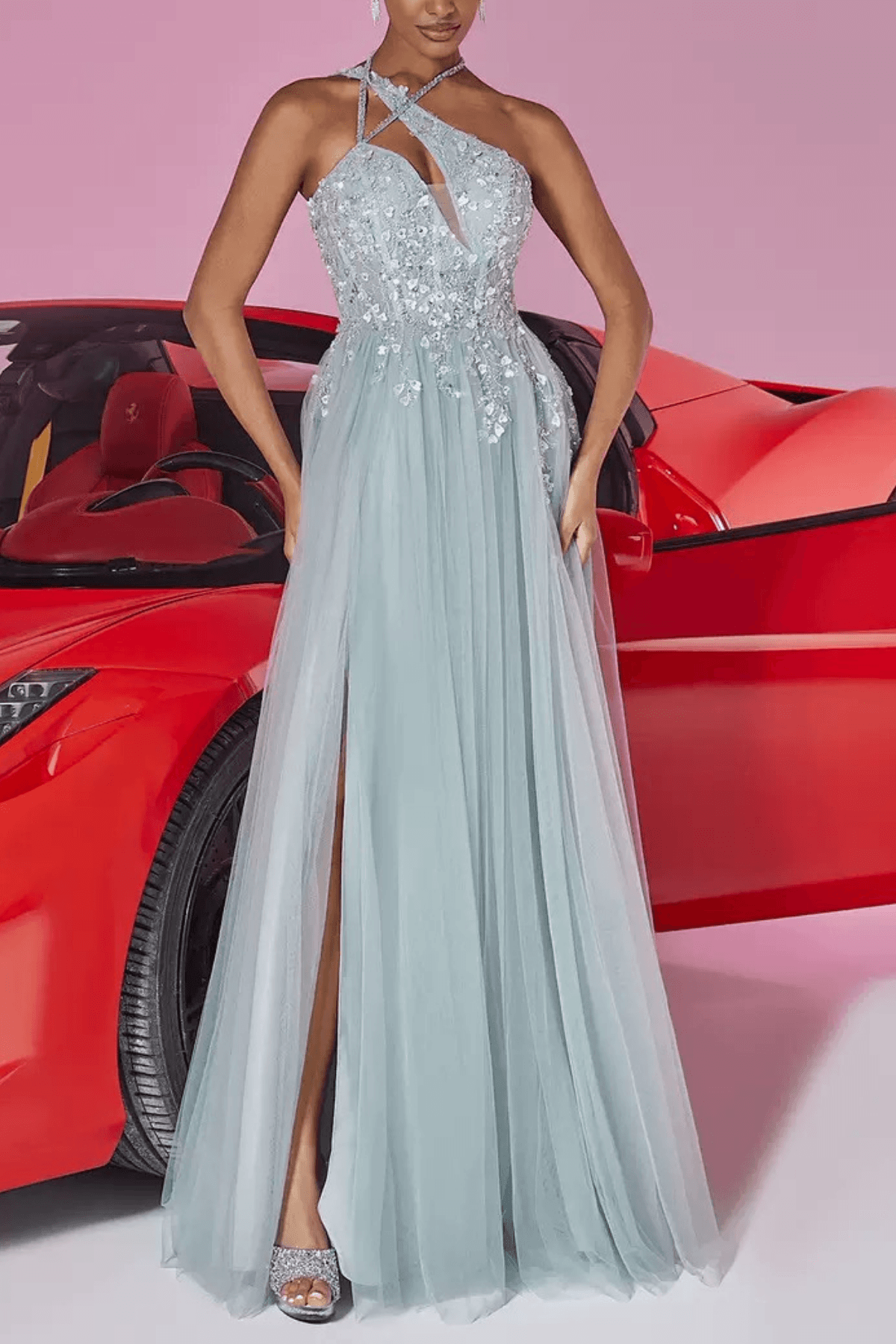 Lilian Light Blue Sequin Halter Neck Slit Prom Maxi Dress Avalabel