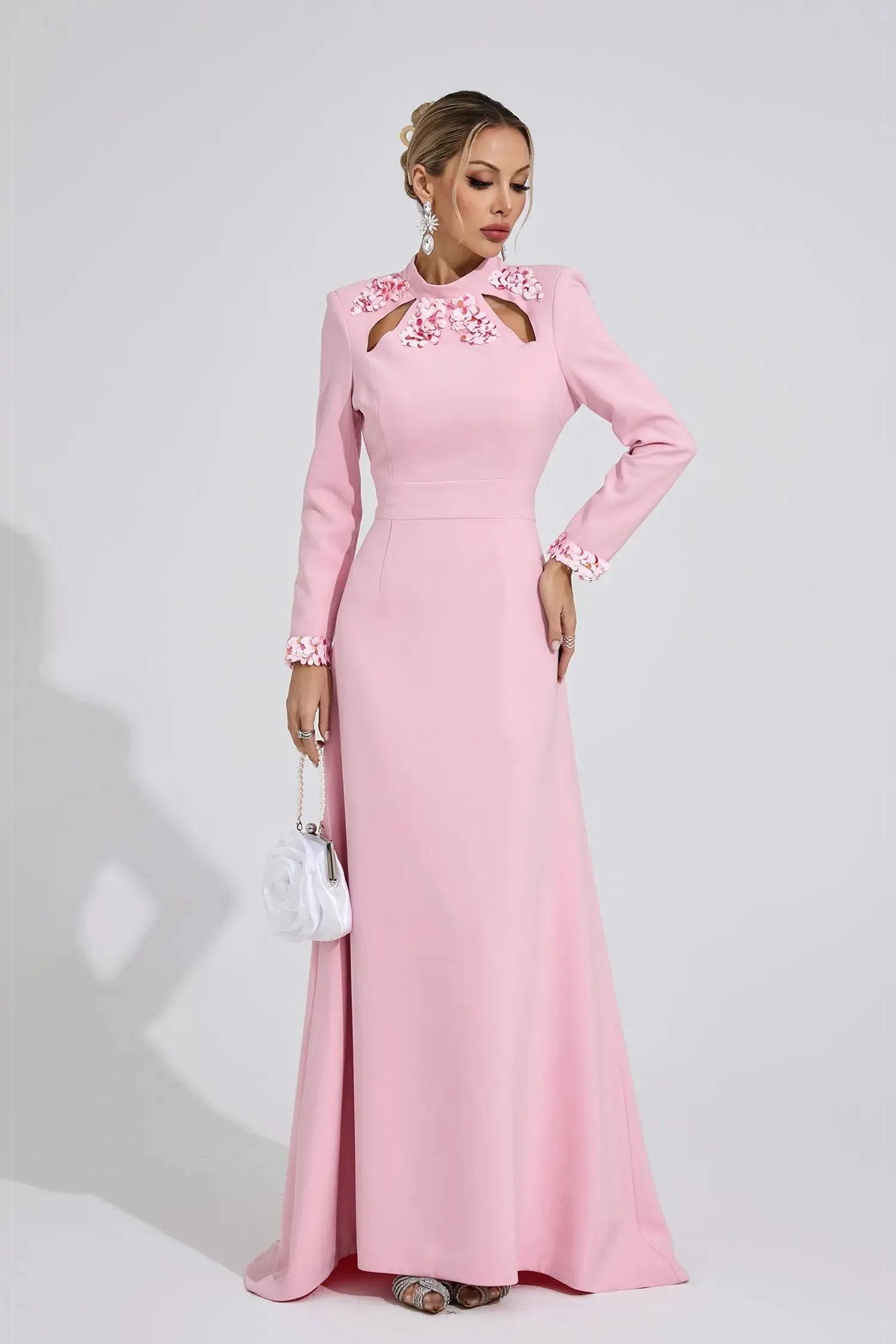 Shirley Light Pink Rhinestone Cutout Mermaid Maxi Dress Avalabel