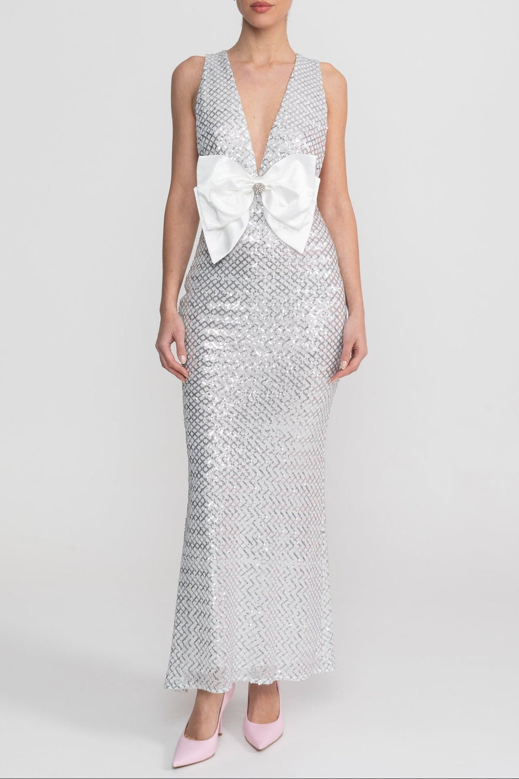 Sequin Maxi Dress With Satin Bow Detail - Light Grey Avalabel