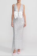 Sequin Maxi Dress With Satin Bow Detail - Light Grey Avalabel