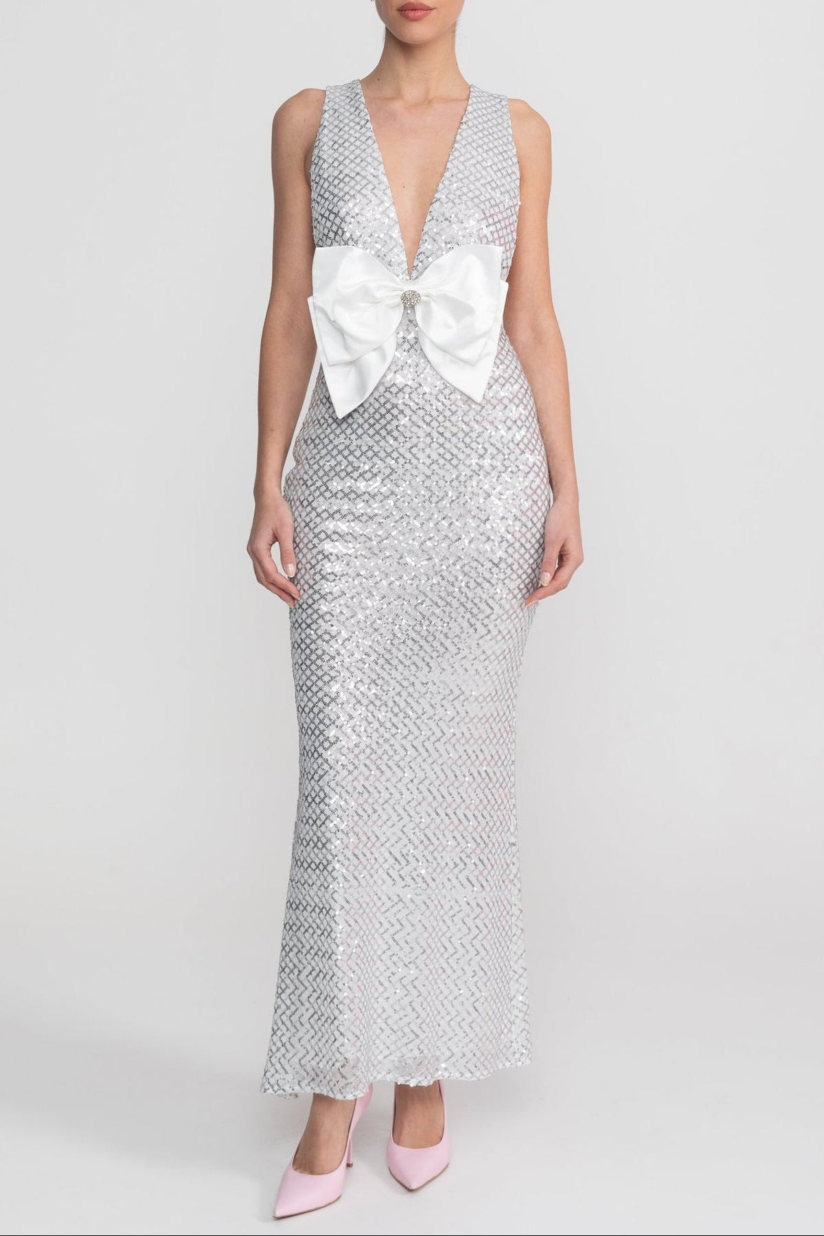 Sequin Maxi Dress With Satin Bow Detail - Light Grey Avalabel