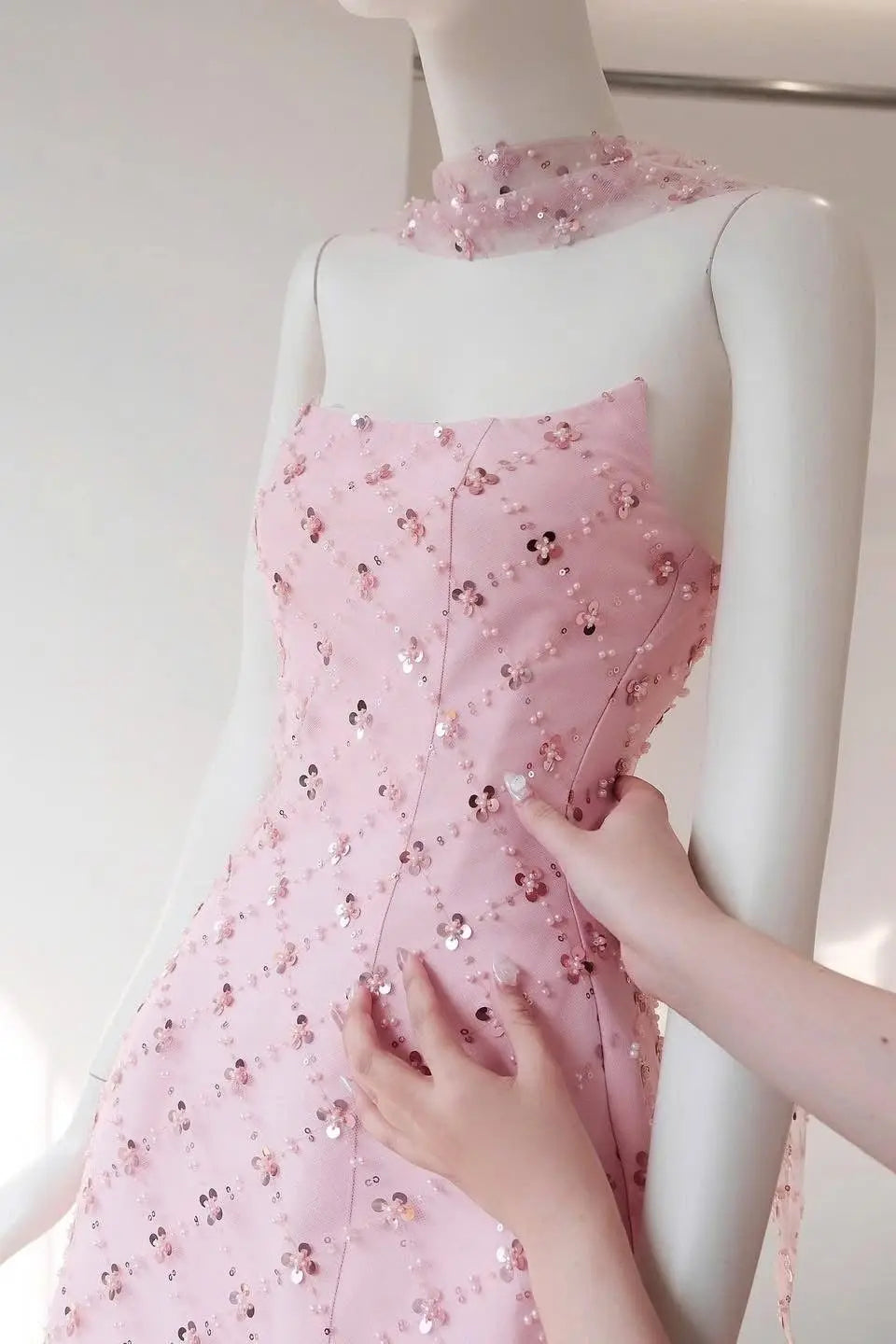Alberta Strapless Sequins Pearl Mini Dress in Pink Avalabel