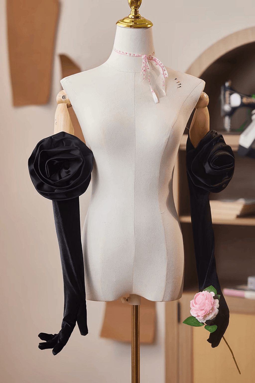 3D Rose Decor Black Velvet Long Gloves Avalabel