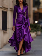 Midnight Blue Draped Satin Maxi Dress With Ruffle Details Avalabel