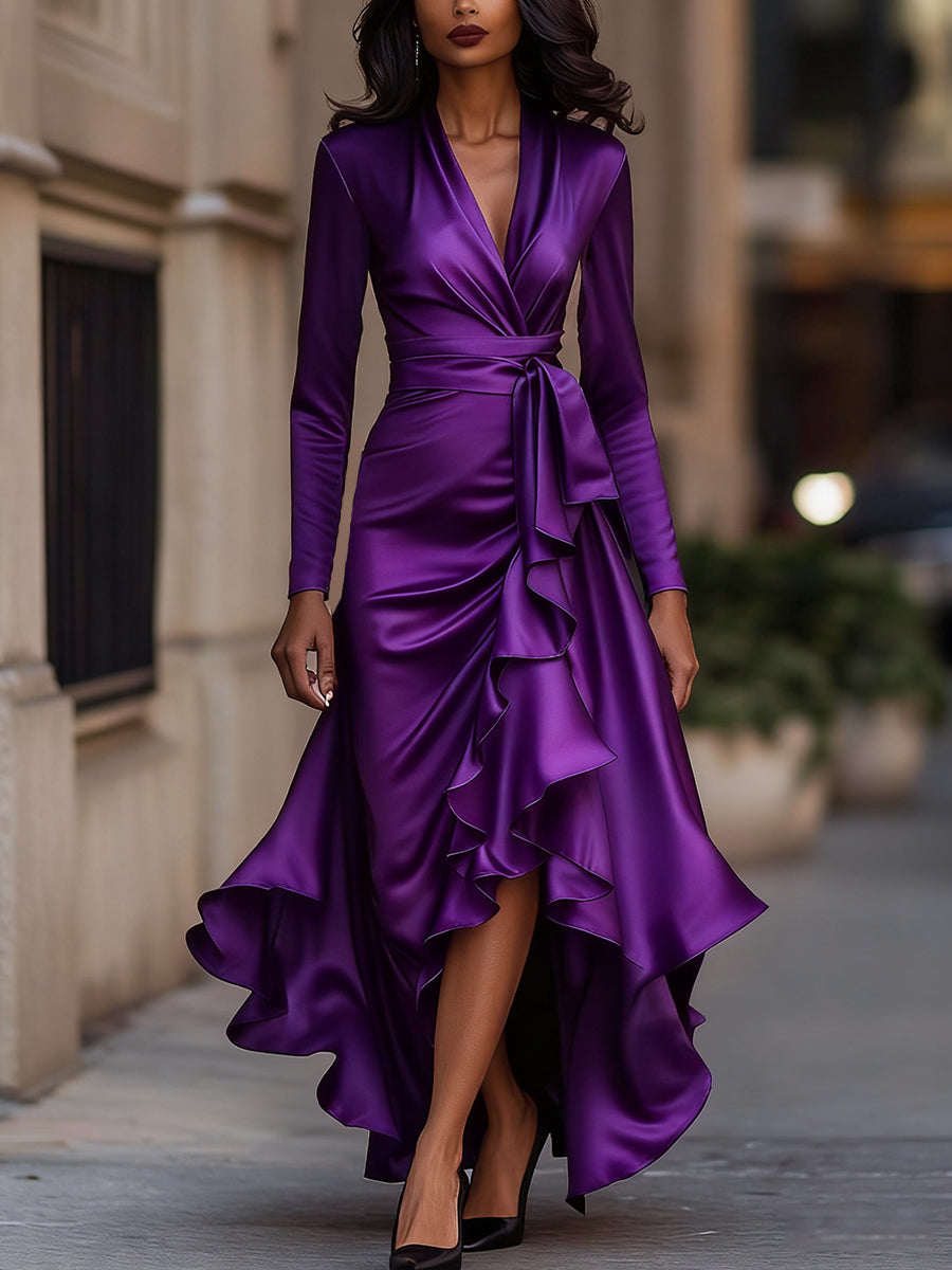 Midnight Blue Draped Satin Maxi Dress With Ruffle Details Avalabel