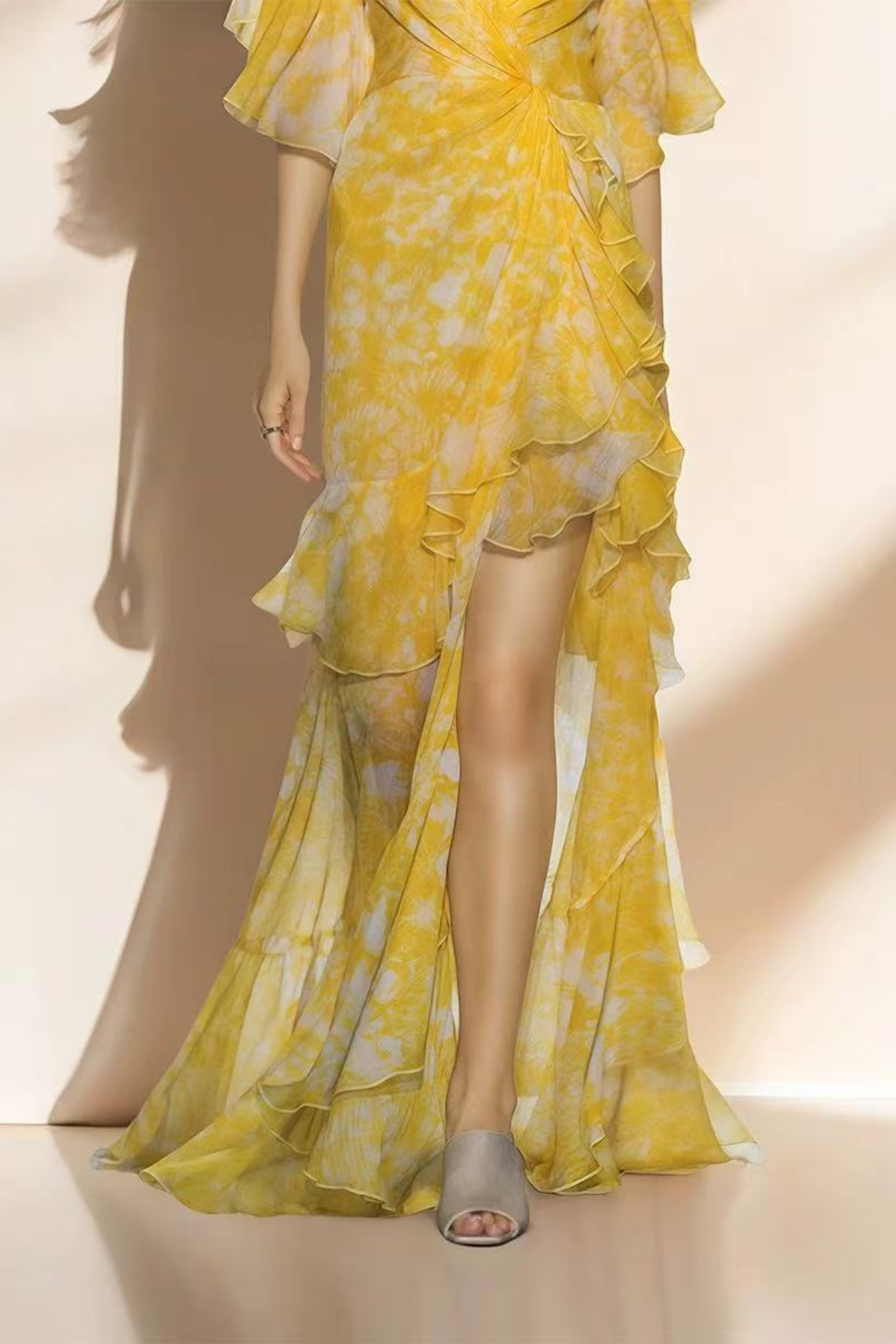Lila Floral Ruffle V-neck Yellow Maxi Dress Avalabel
