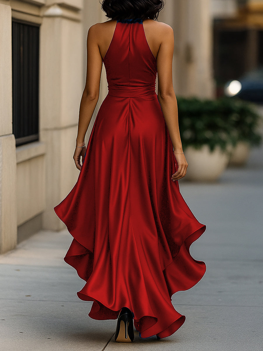 Midnight Elegance Satin Halter Ruffle Gown Avalabel