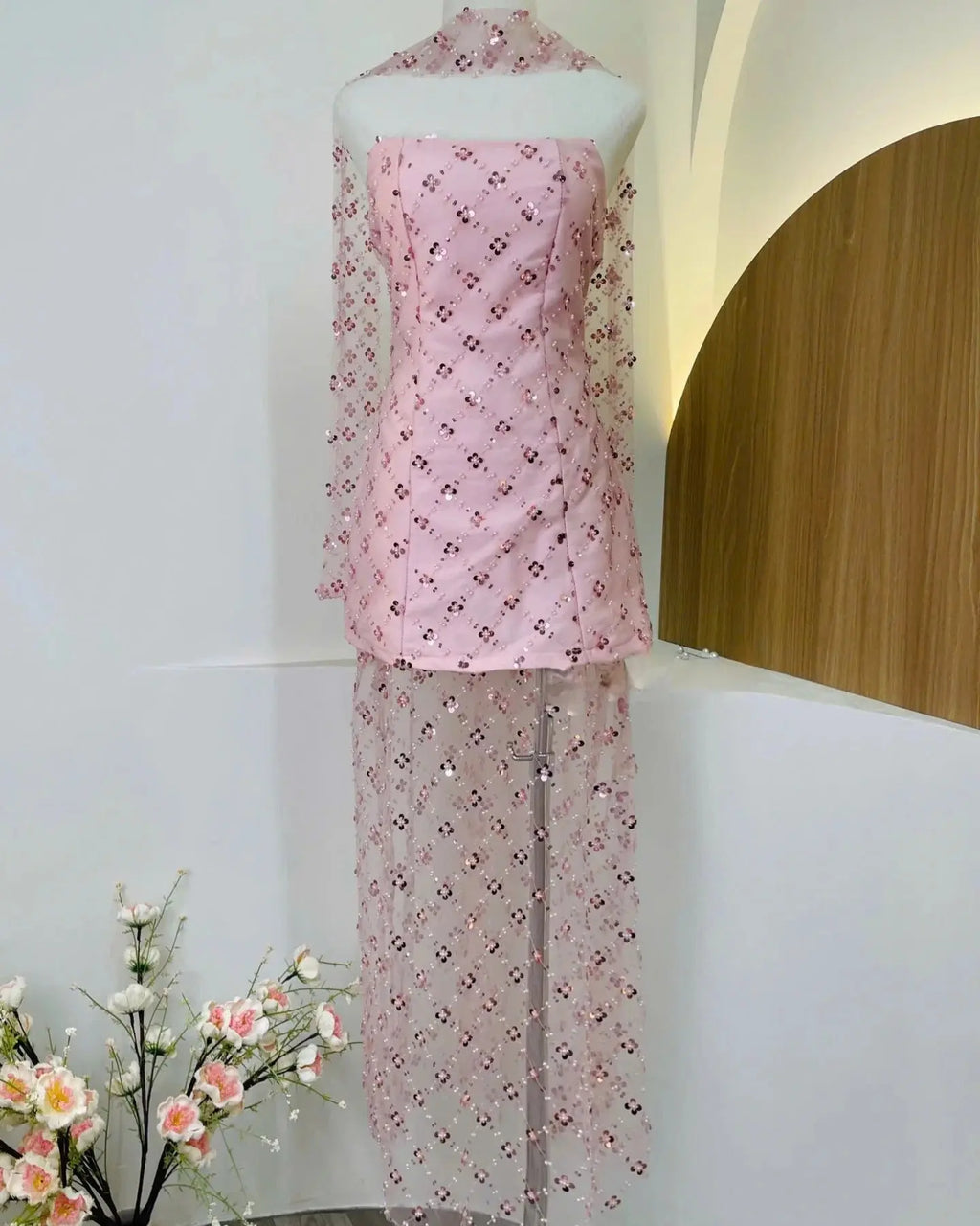 Alberta Strapless Sequins Pearl Mini Dress in Pink Avalabel