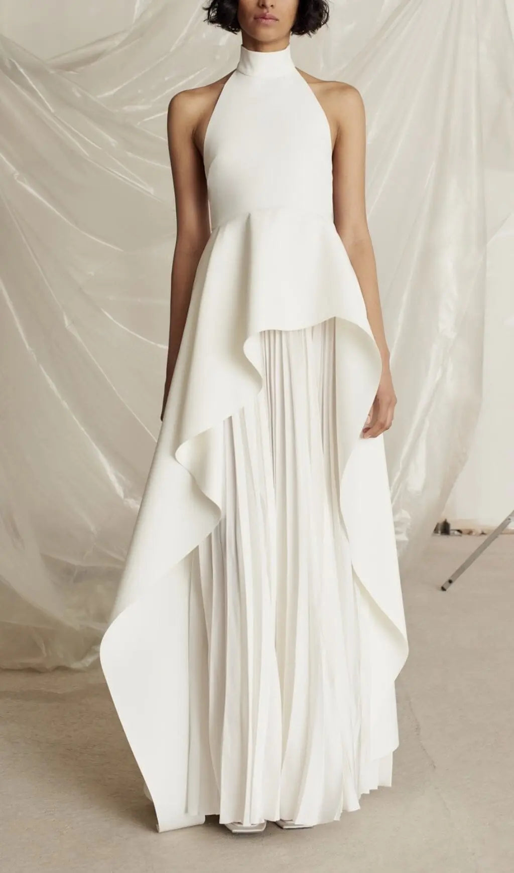 WHITE BANDAGE HALTER IRREGULAR MAXI DRESS Avalabel