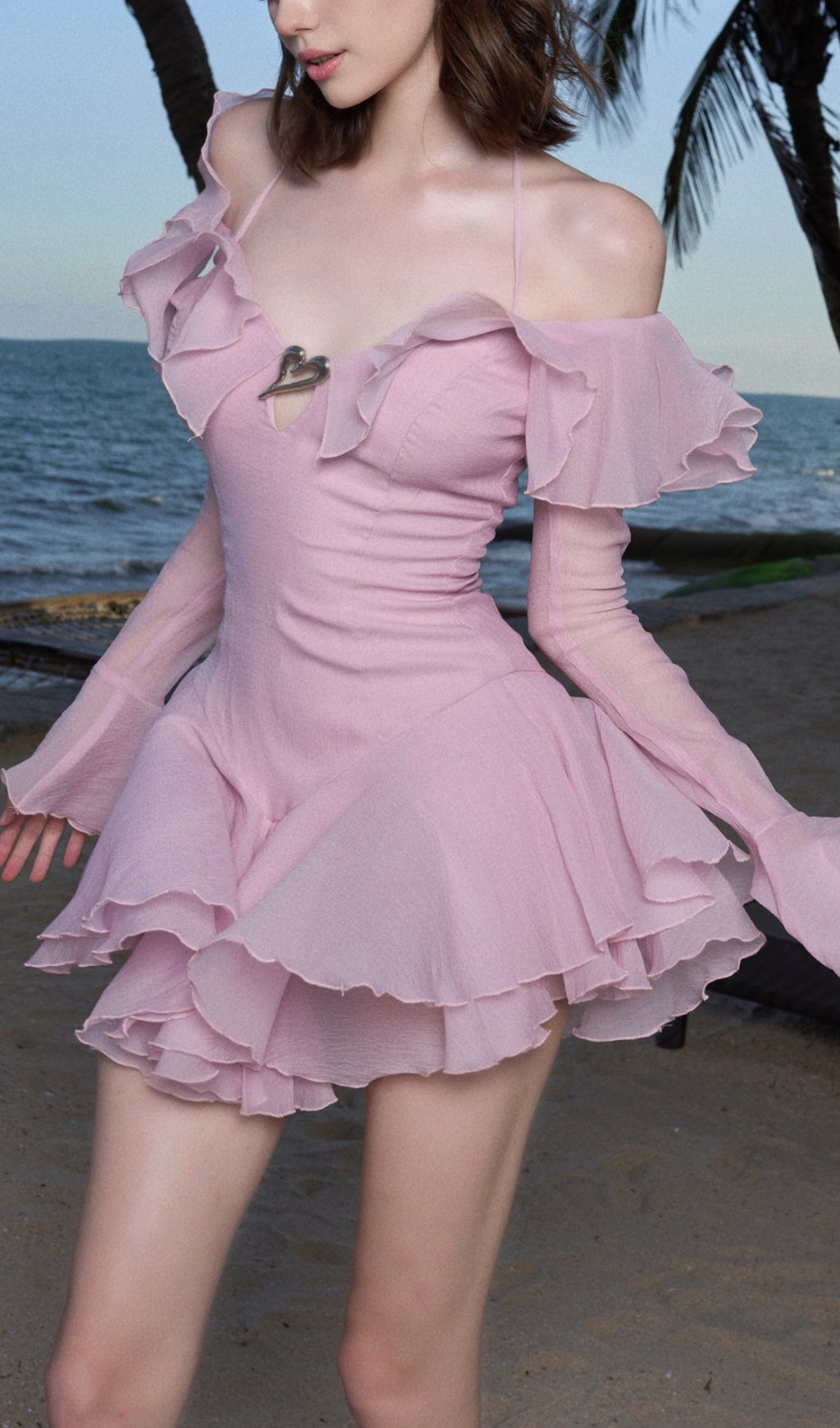 RUFFLED HALTER MINI DRESS IN PINK Avalabel