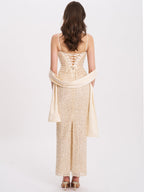 Raizel Gold Beaded Sequin Bodycon Gown with Scarf Avalabel