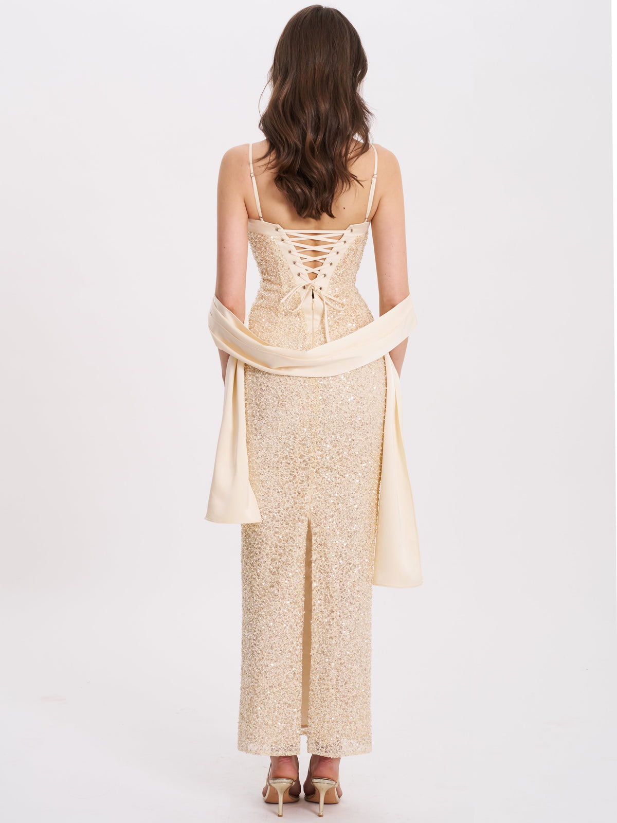 Raizel Gold Beaded Sequin Bodycon Gown with Scarf Avalabel