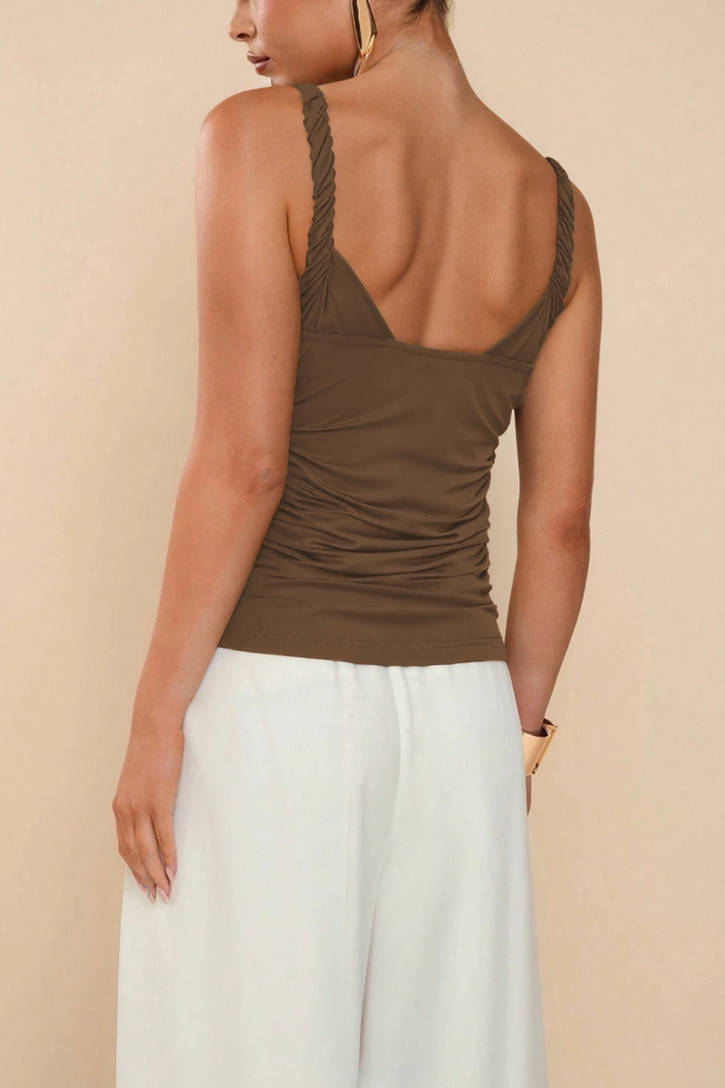 Serena Gold Ring Twisted Strap Ruched Side Slim Cami Top Avalabel