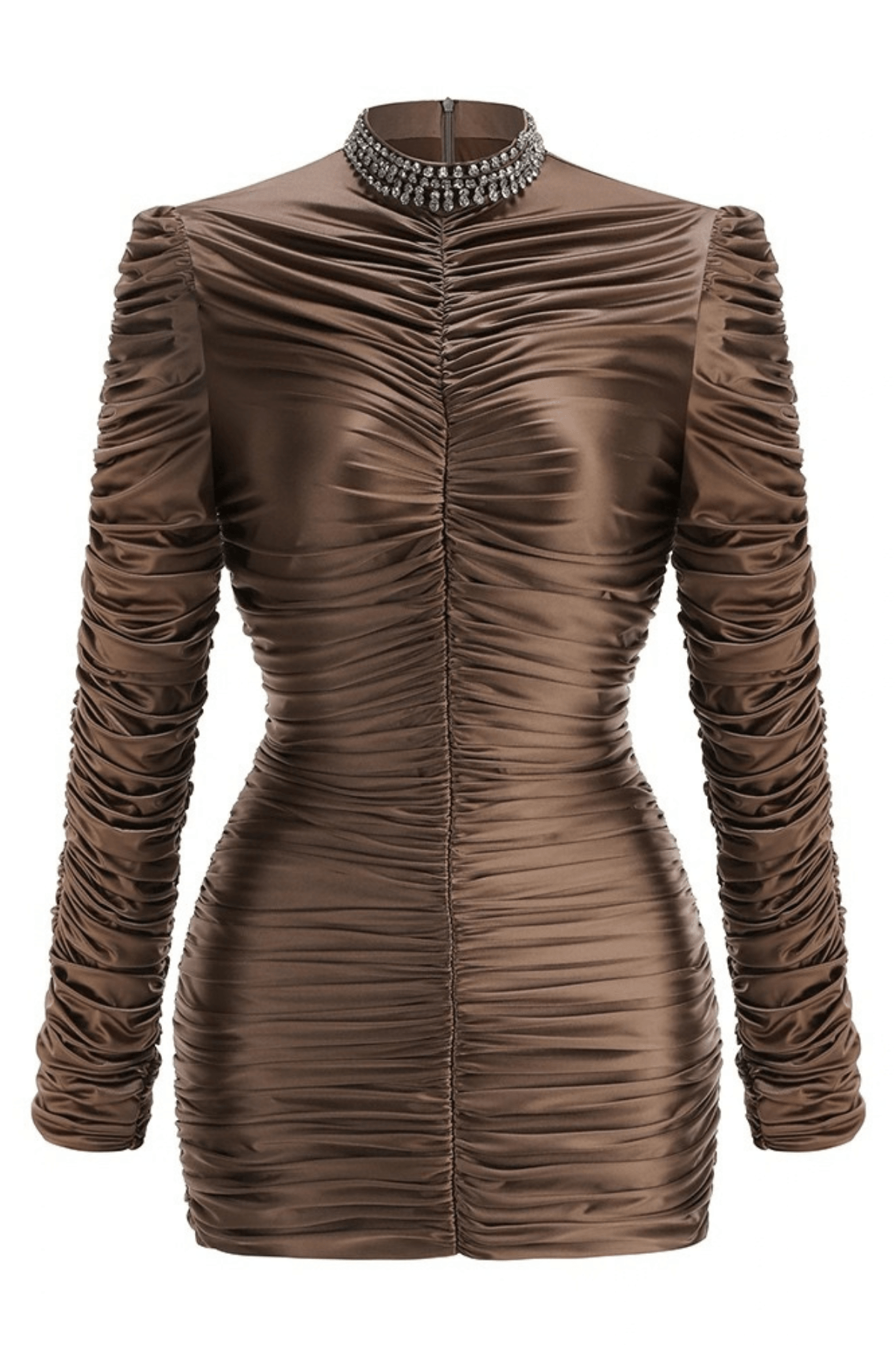 Eden Brown Satin Long Sleeve Ruched Mini Dress Avalabel