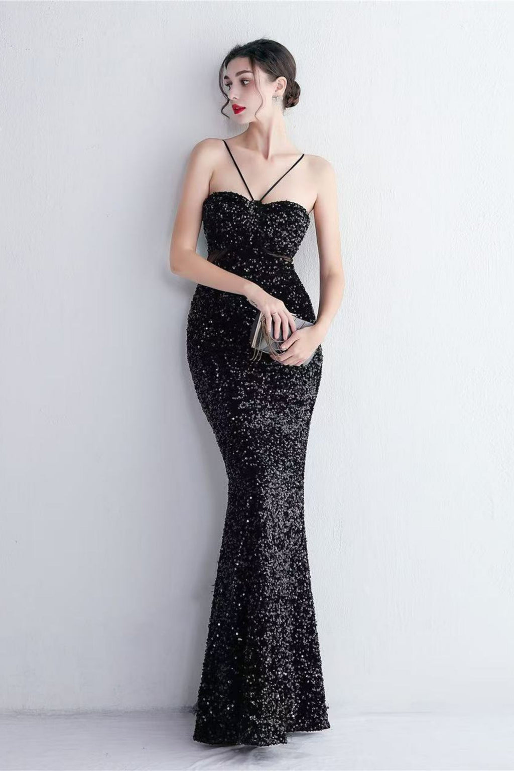 MARIAN BLACK CUTOUT SEQUINS HALTER MAXI DRESS Avalabel