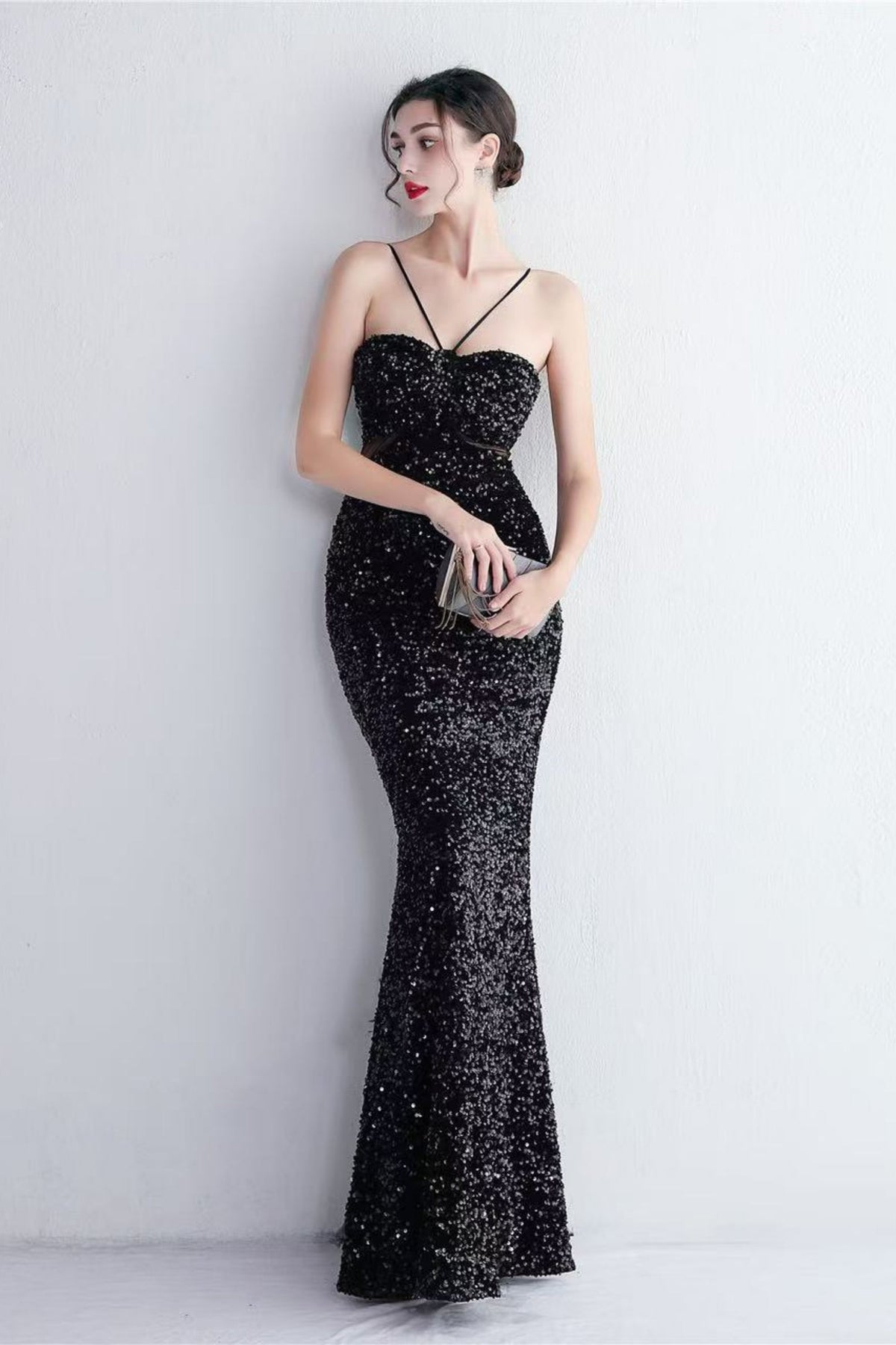 MARIAN BLACK CUTOUT SEQUINS HALTER MAXI DRESS Avalabel