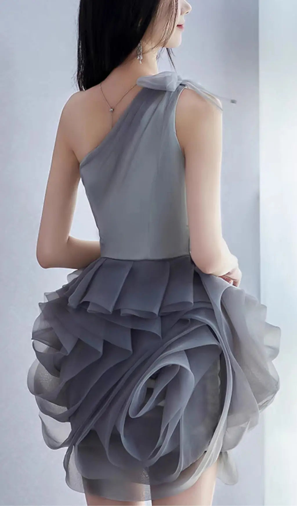 ONE SHOULDER MESH MINI DRESS IN GREY Avalabel