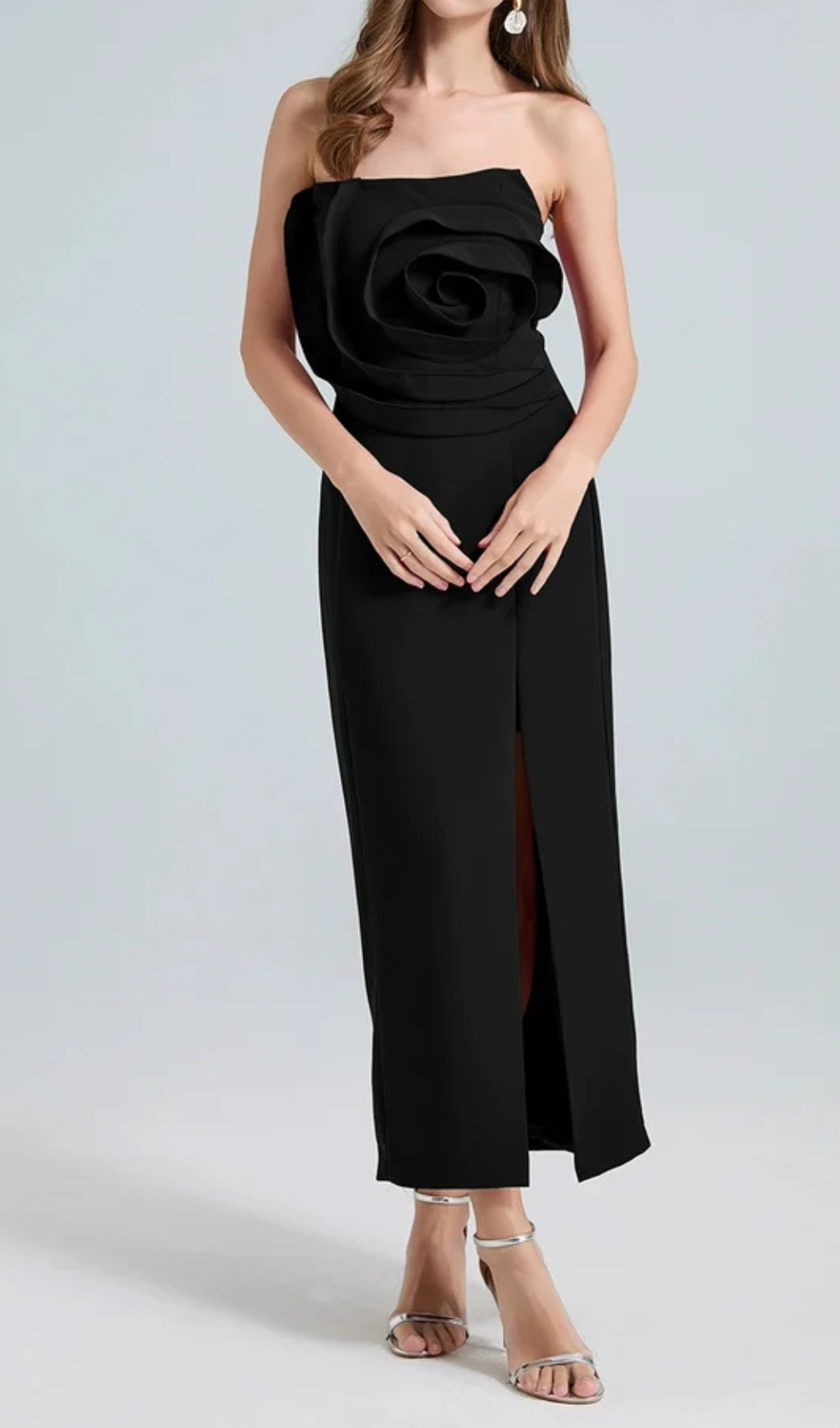 Michelle 3D Flower Strapless Midi Dress in Black Avalabel