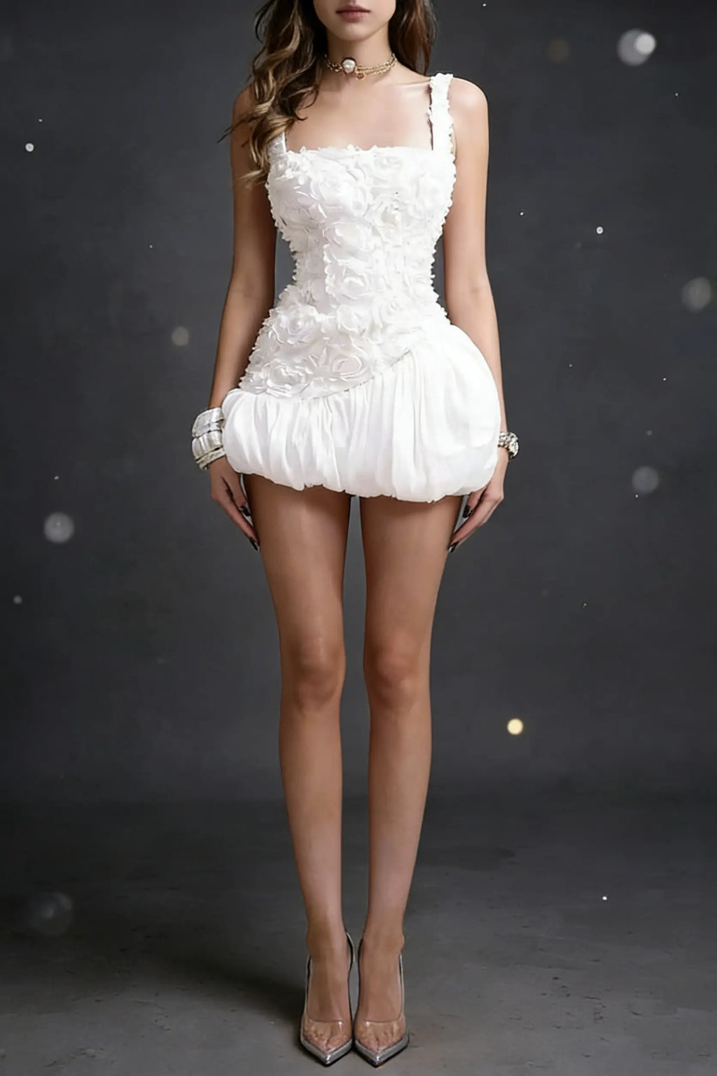 jocelyn flower embellished puffy mini dress in white Avalabel