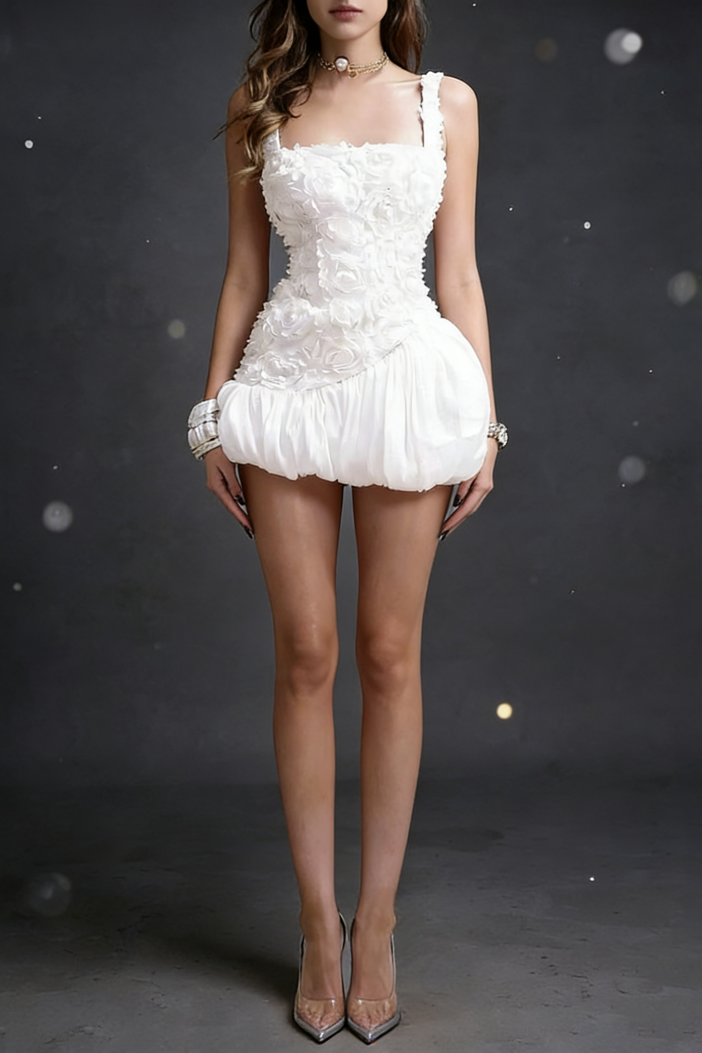 jocelyn flower embellished puffy mini dress in white
