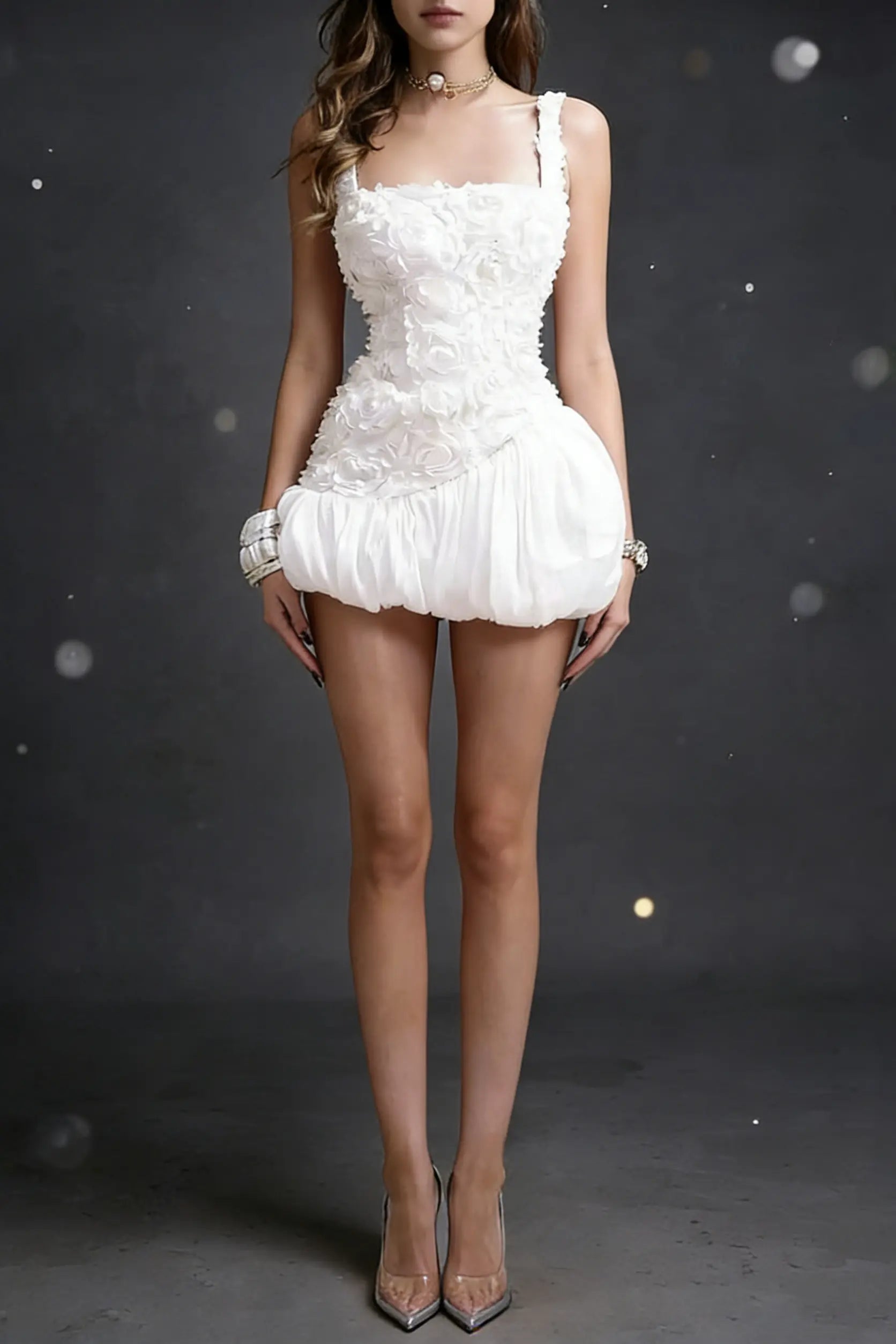 jocelyn flower embellished puffy mini dress in white Avalabel