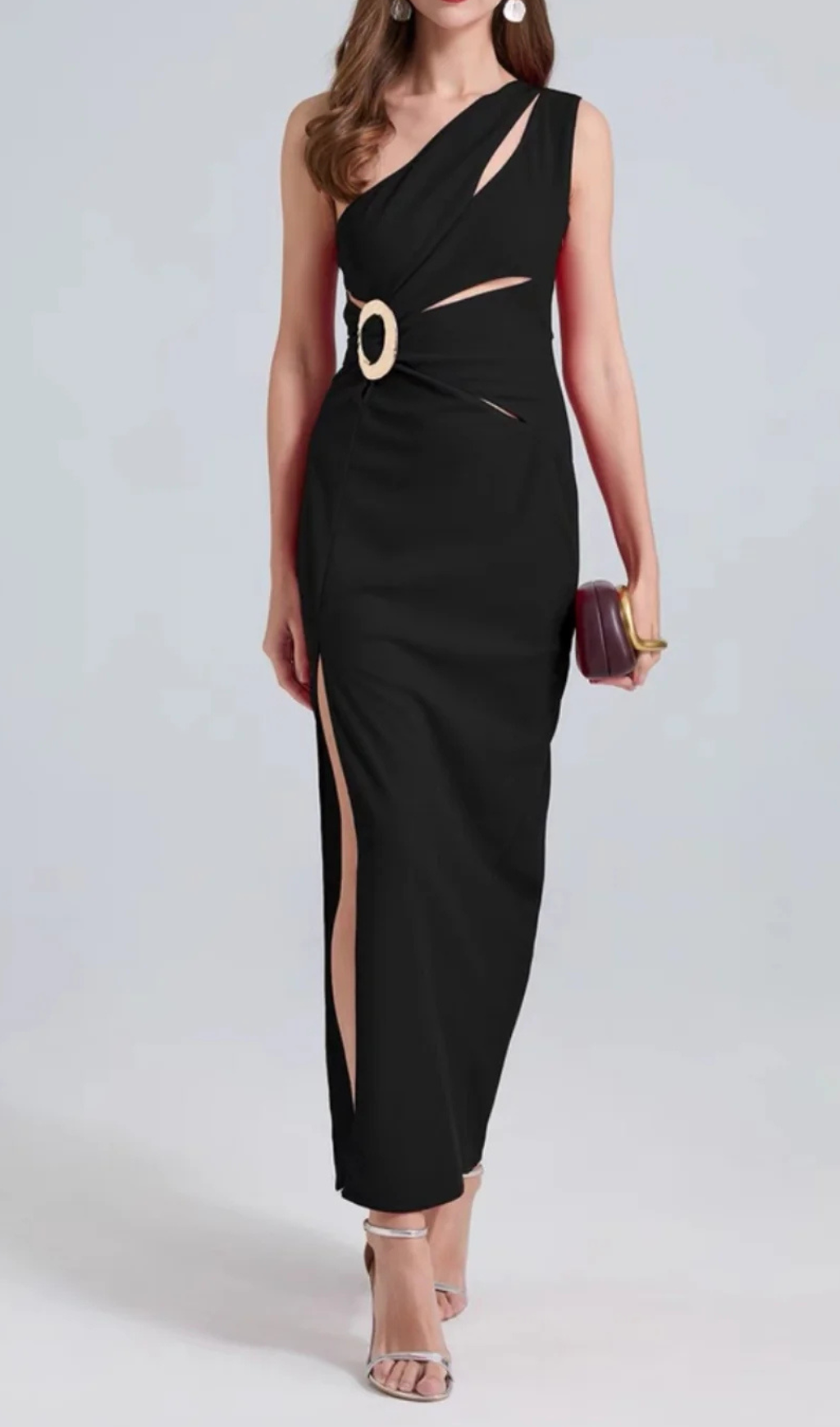 One-Shoulder Cutout Side Slit Maxi Dress in Black Avalabel