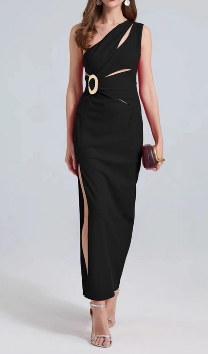 One-Shoulder Cutout Side Slit Maxi Dress in Black