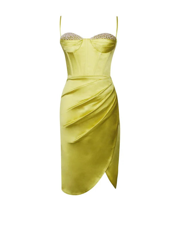 Lemon Yellow Pleated Satin Mini Dress Avalabel