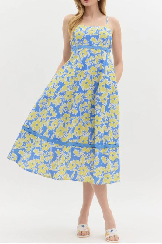 Wallis Floral Print HHollow Midi Dress in Blue