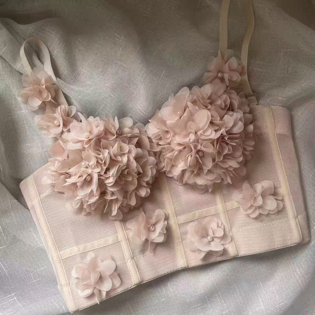 Blush Spaghetti Strap 3D Floral Corset Top & High Low Tiered Tulle Skirt Set Avalabel