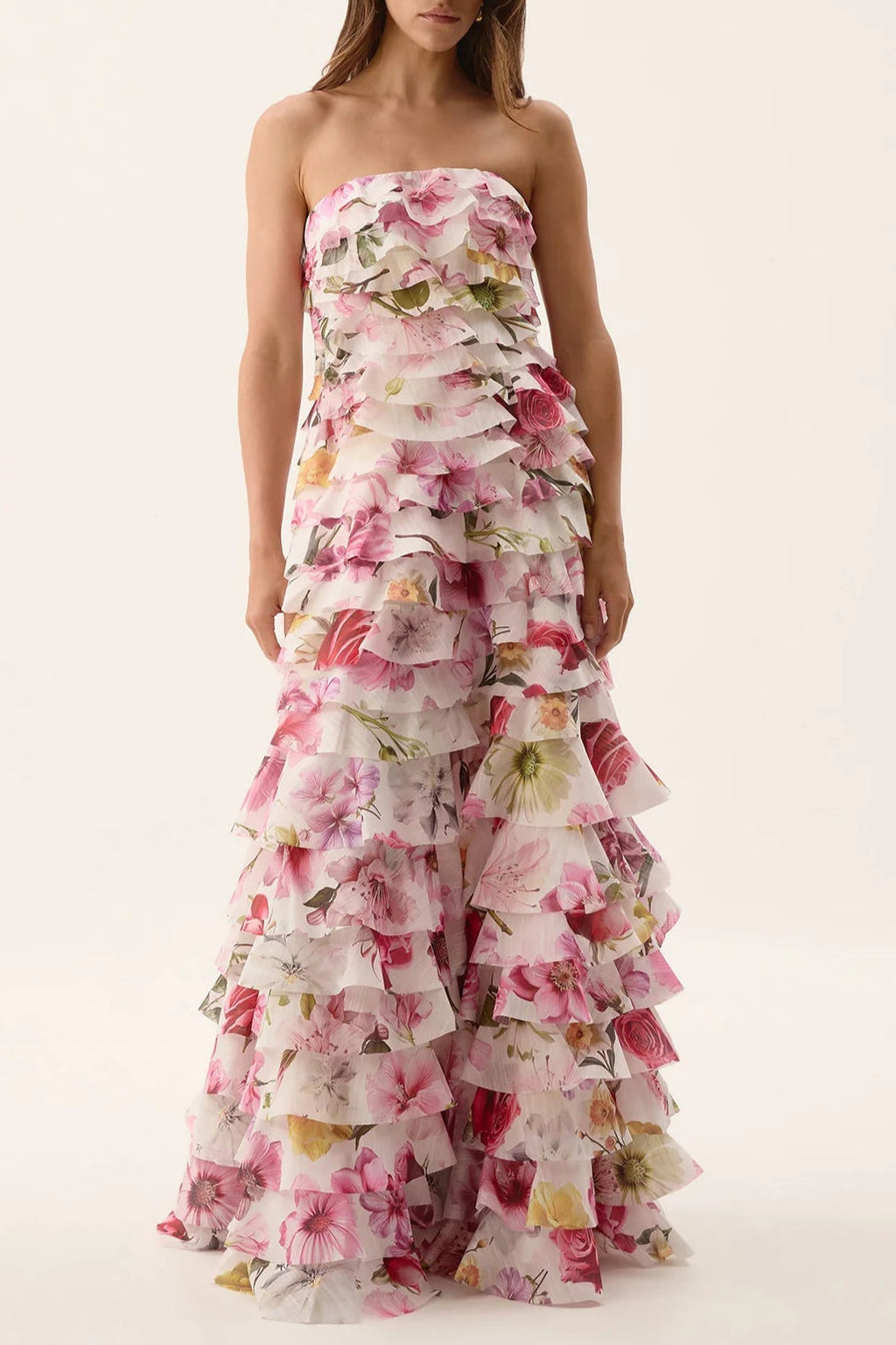 Cathy Floral Print Pleated Layer Strapless Maxi Dress in Pink Avalabel