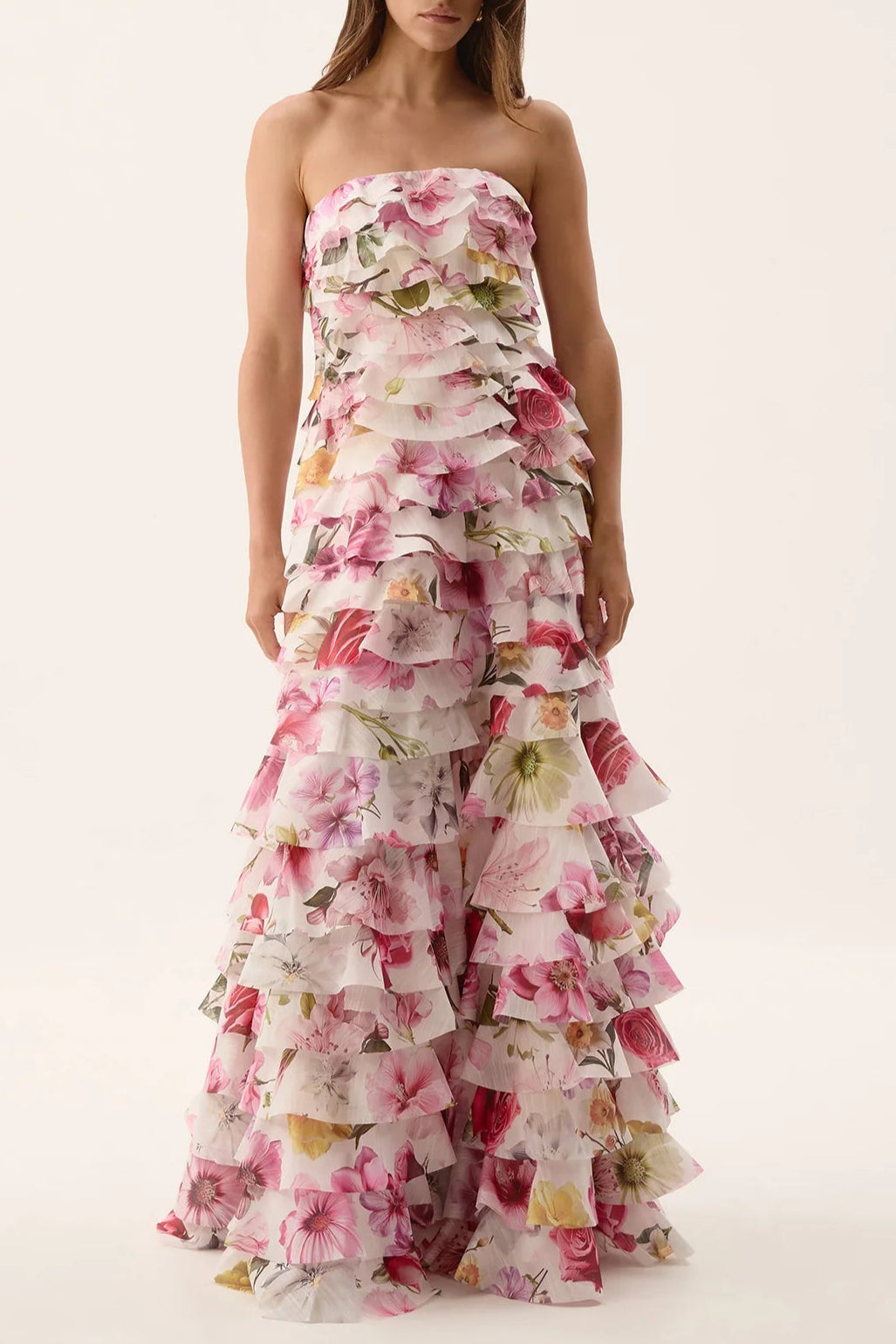 Cathy Floral Print Pleated Layer Strapless Maxi Dress in Pink Avalabel