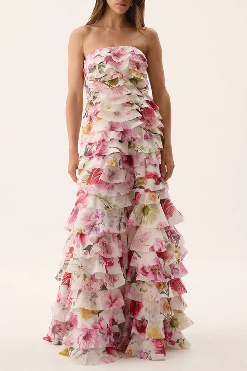 Cathy Floral Print Pleated Layer Strapless Maxi Dress in Pink Avalabel
