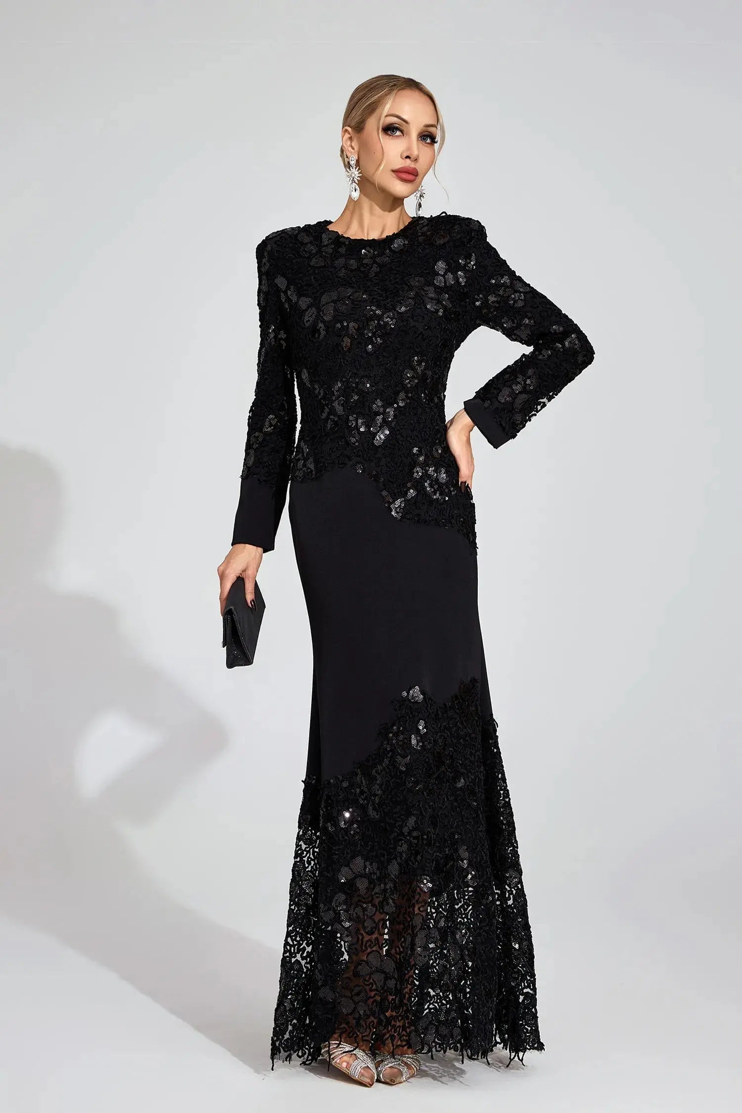 joanna Black long sleeve Embroidered Maxi Dress Avalabel