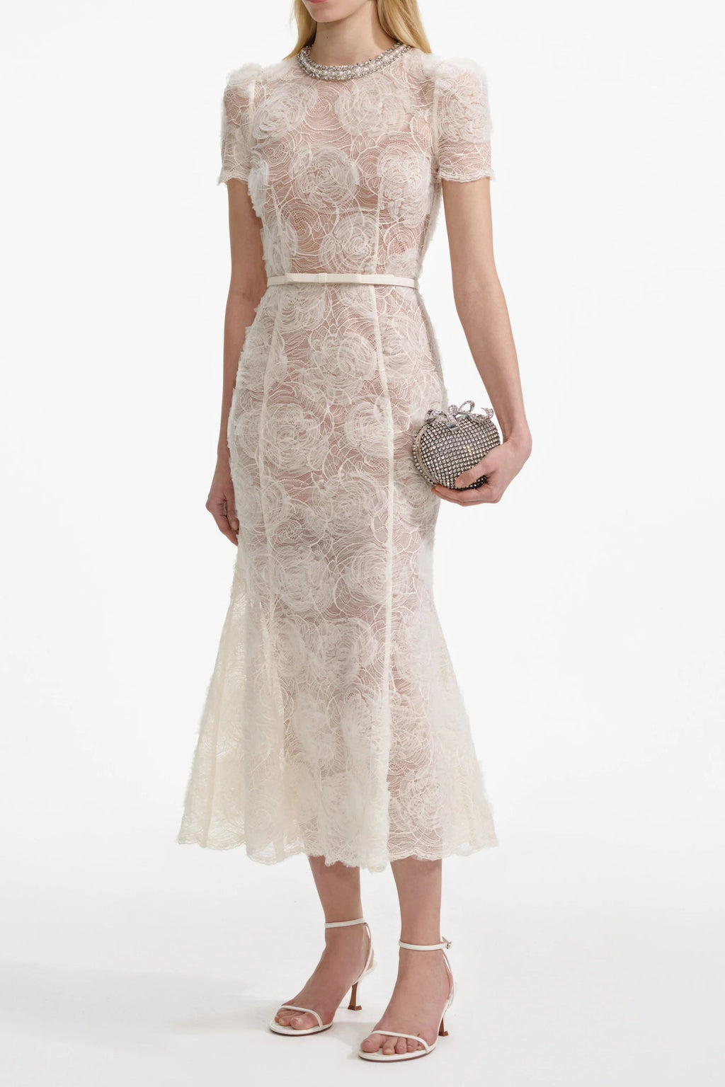 Tulle Lace Diamante Midi Dress in Beige Avalabel