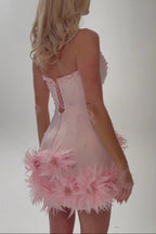 Tube Top deep V-neck pearl bodycon mini dress in pink Avalabel